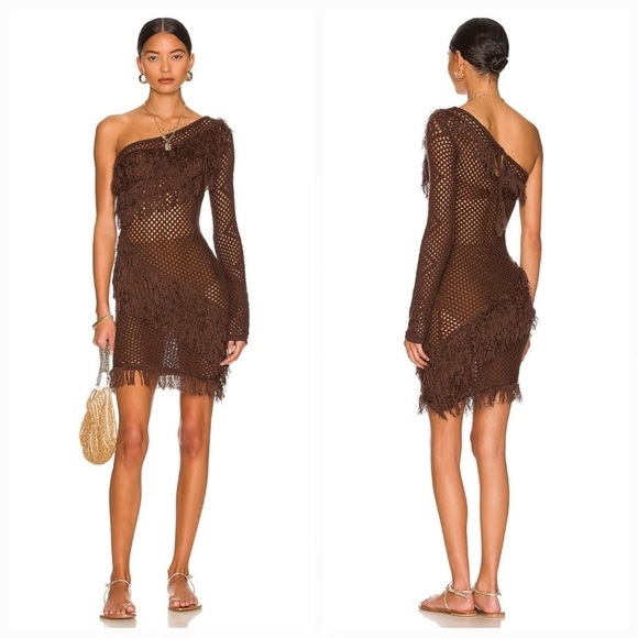 Tularosa Dresses & Skirts - Tularosa Brown Knit One Shoulder Fringe Mini Dress Revolve Boho Festival XS